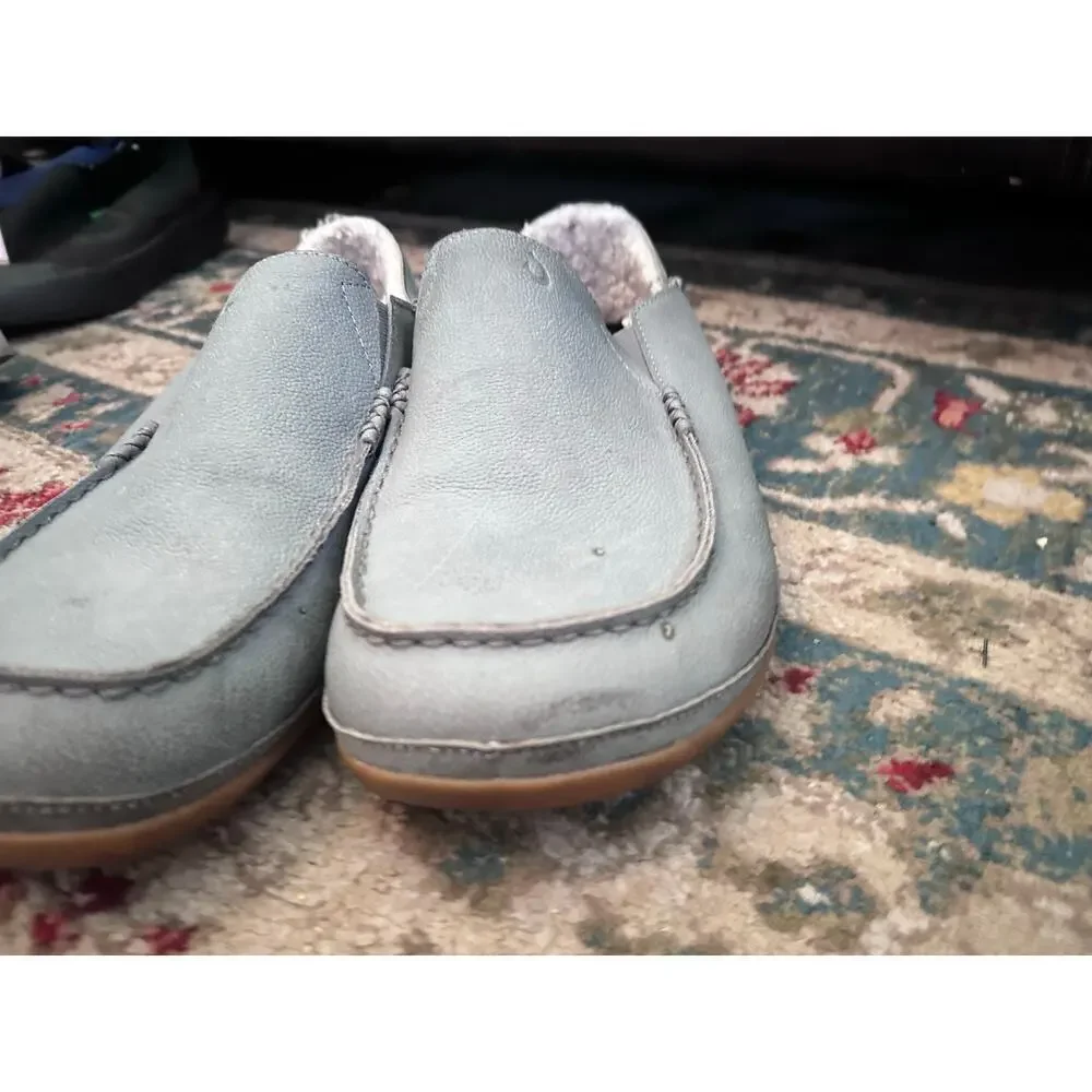 Olukai Men's Gray Genuine Leather Shearling Moloa Slippers Loafer Shoes Size 14